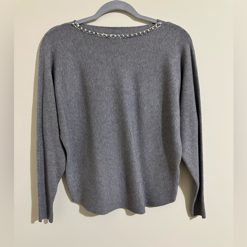 LIV Milano Gray Sweater with Embellished Neckline